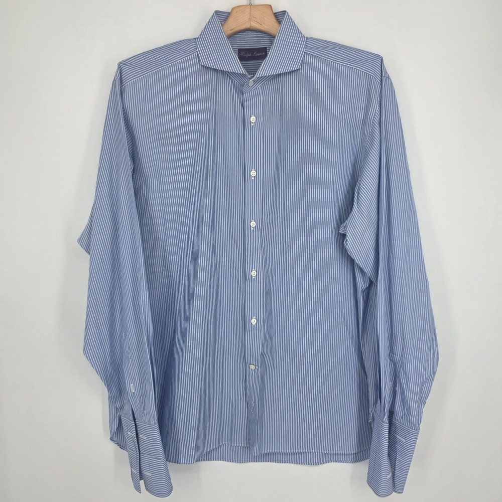 Ralph Lauren Purple Label Mens 17.5 Blue White Striped French Cuff Shirt Italy